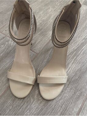 GUESS Cream Open-Toe Ankle-Strap Heels with Rhinestone Trim